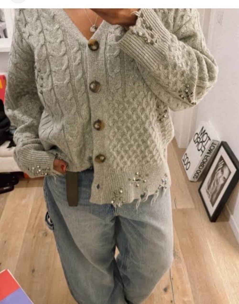 Zara Med Grey Distressed Cardigan With Studs